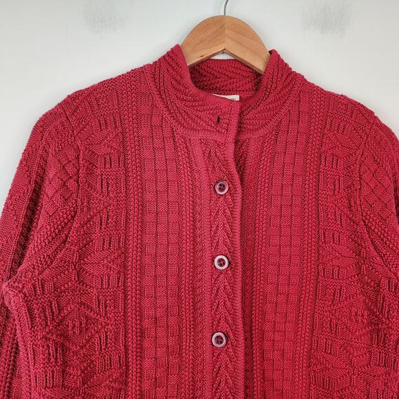LL Bean Red Cotton Cable Knit Cardigan Sweater Medium Chunky Fisherman 278397 - Picture 2 of 6